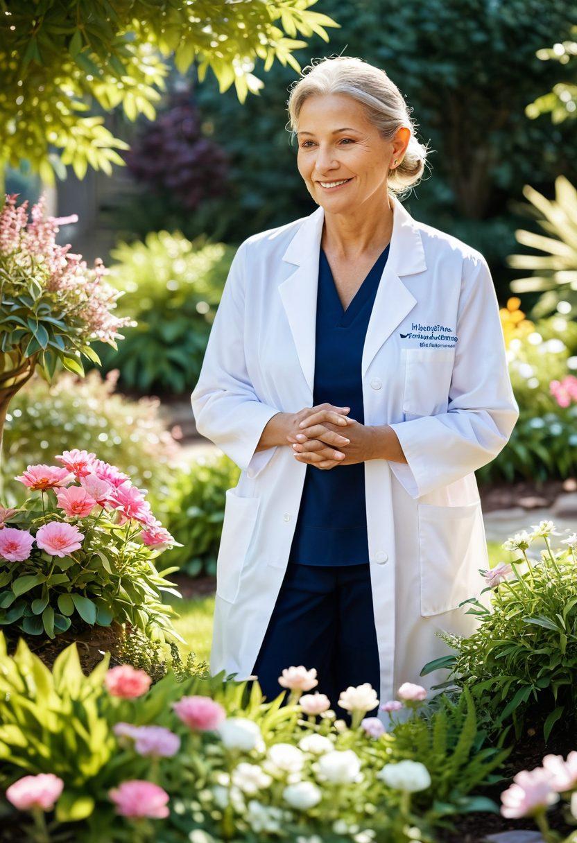 A compassionate healthcare professional guiding a diverse group of patients through a serene garden, symbolizing hope and support in their carcinoma journey. Include visual elements such as blooming flowers representing resilience, a soft sunlight filtering through leaves, and gentle interactions among caregivers and patients. Focus on warmth, understanding, and empowerment. super-realistic. vibrant colors. soft focus.