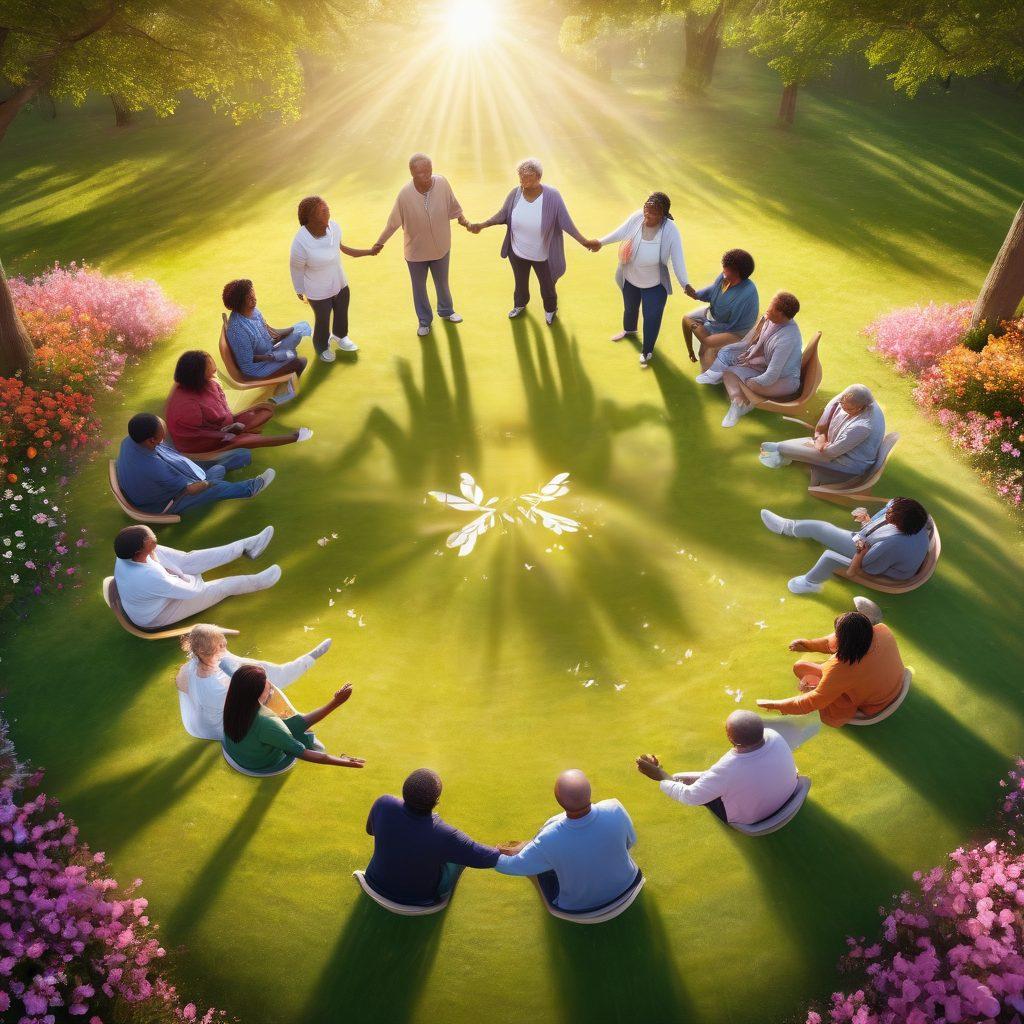 An uplifting scene depicting a diverse group of people united in a circle, sharing supportive discussions about cancer care, surrounded by symbols of hope like butterflies and blooming flowers. Include a warm sunlight filtering through trees in a serene park setting, representing healing and community. The image should evoke feelings of empowerment, resilience, and solidarity. super-realistic. vibrant colors. soft focus.