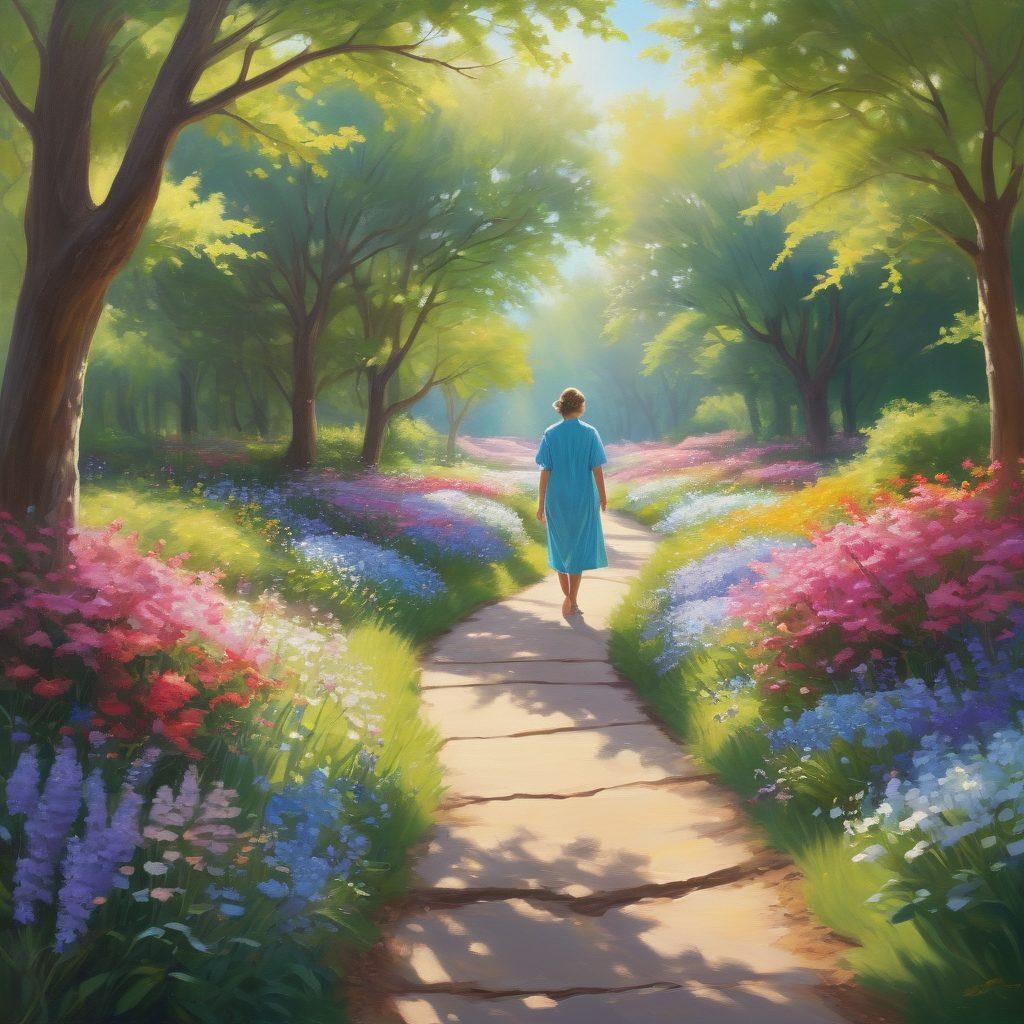 A serene landscape metaphorically representing the journey from awareness to advocacy, featuring a patient walking on a path surrounded by blooming flowers symbolizing hope and resilience. Include signs along the path showcasing different stages of advocacy, with soft sunlight filtering through trees, creating an inviting atmosphere. The patient should appear empowered and determined. painting. vibrant colors. soft lighting.